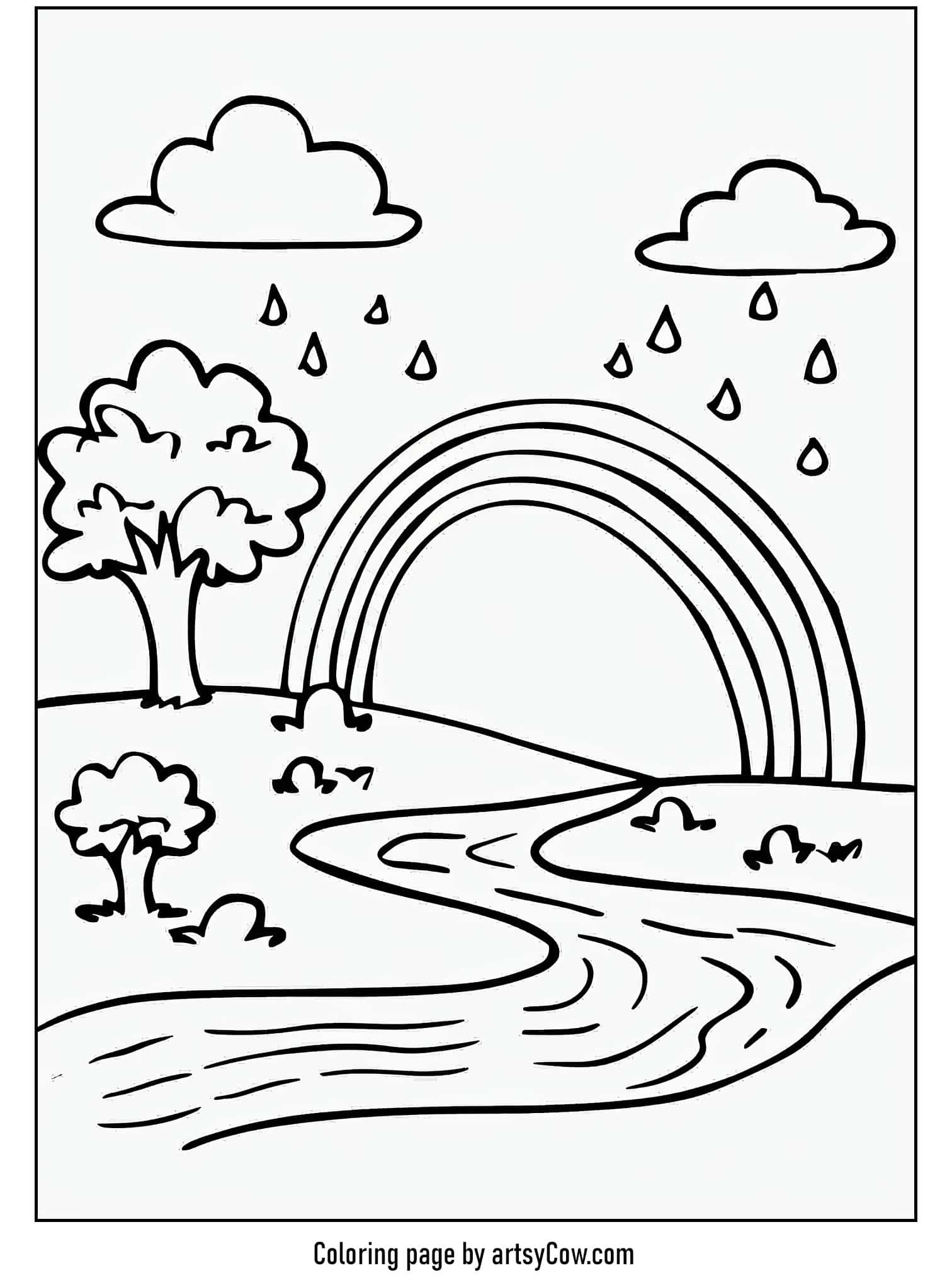 a simple, engaging scene of a rainbow arching over trees